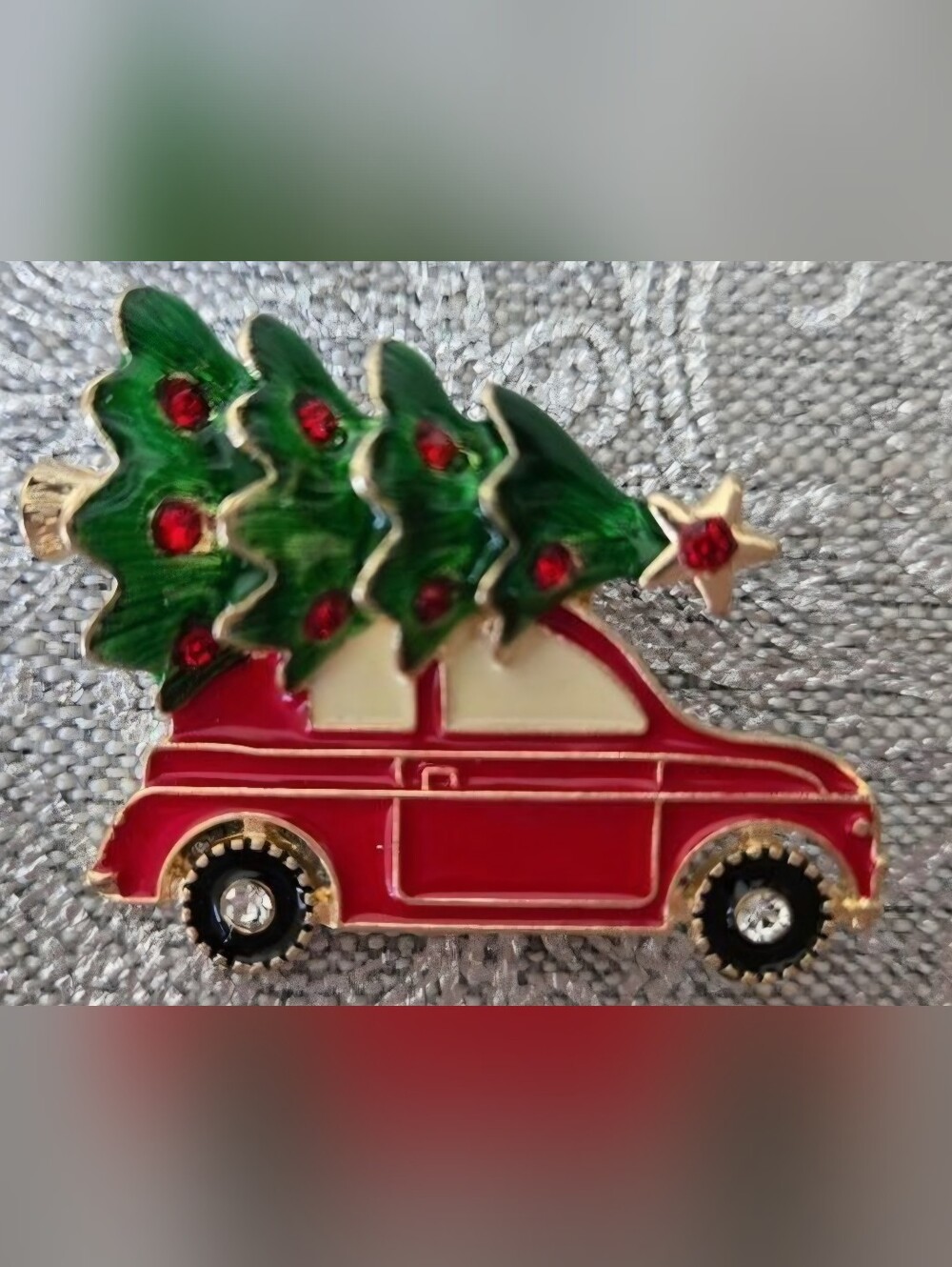 Festive Red Car with Green Christmas Trees Holiday Pin